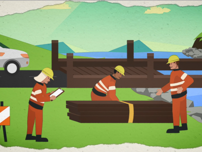 Animation of council workers fixing a wooden bridge